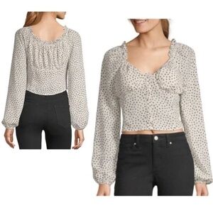 Parisian Chic Polka Dot Sweetheart Neck Blouse Ivory Long Sleeve Top